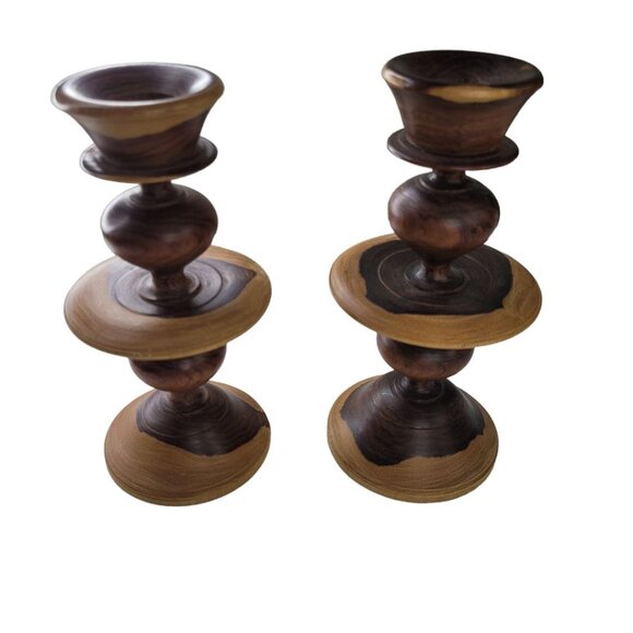 Wooden Candlestick Holders Tapered Solid Grain Two Tone Turned Pair Set 6.5 Inch - Picture 6 of 16